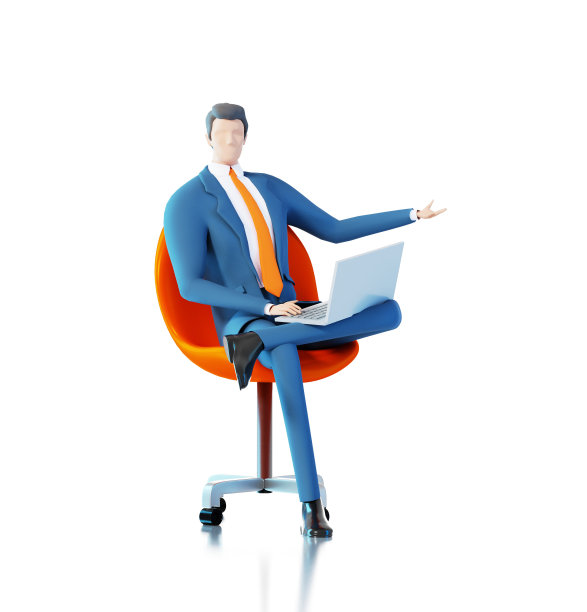 成功的商人坐在椅子上用笔记本电脑工作。3D效果图图片下载