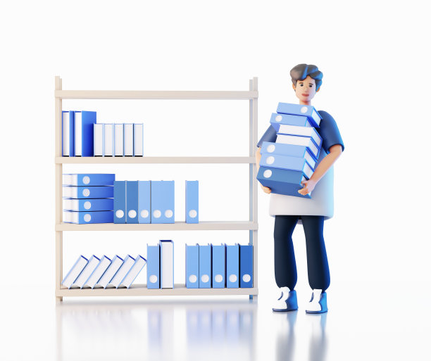 拿着文件夹的年轻商人待在书架旁边。快乐企业工人3D渲染人物插画图片下载