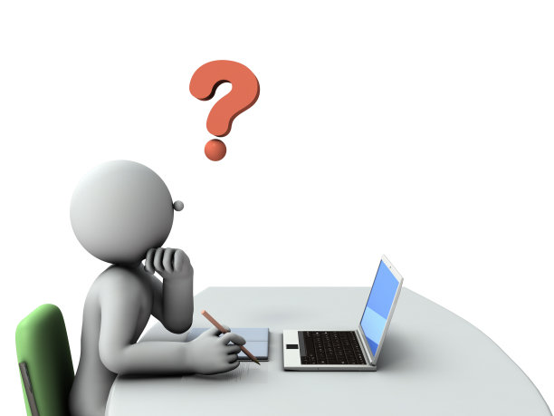 一个商人停下工作思考。一个试图解决问题的远程工作者。困惑和怀疑。桌上有一台电脑终端。3 d渲染。白色背景。图片下载