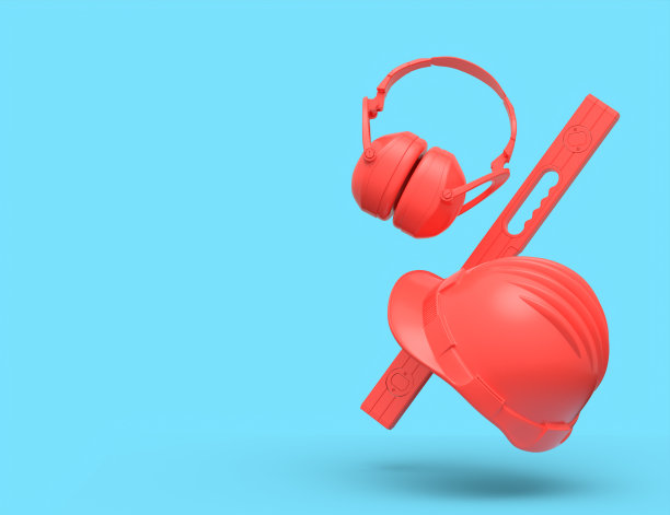 蓝色背景下用于修理的红色建筑工具的飞行视图图片下载