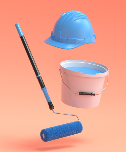 套装安全帽，桶与油漆辊和刷子在橙色背景图片下载