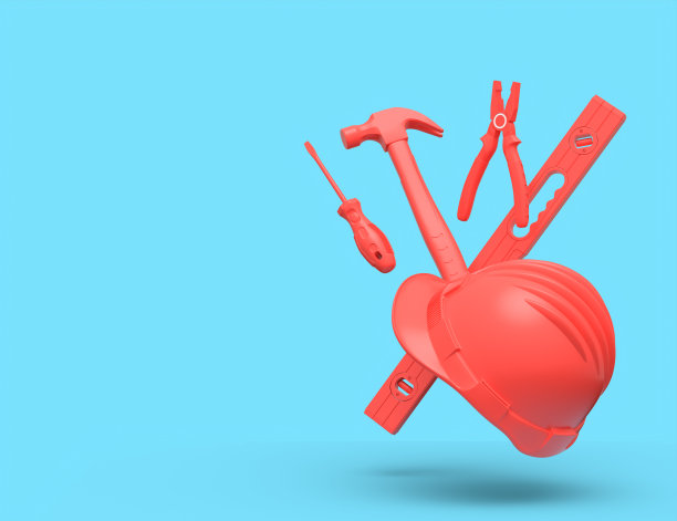 蓝色背景下用于修理的红色建筑工具的飞行视图图片下载