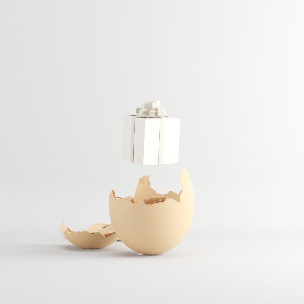 白色礼品盒与黄色丝带鸡蛋在白色的背景。3 d渲染。简约的圣诞理念。副本的空间。图片下载
