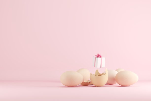 白色礼品盒上的彩色彩蛋在粉红色的背景。3 d渲染。简约的圣诞理念。副本的空间。图片下载