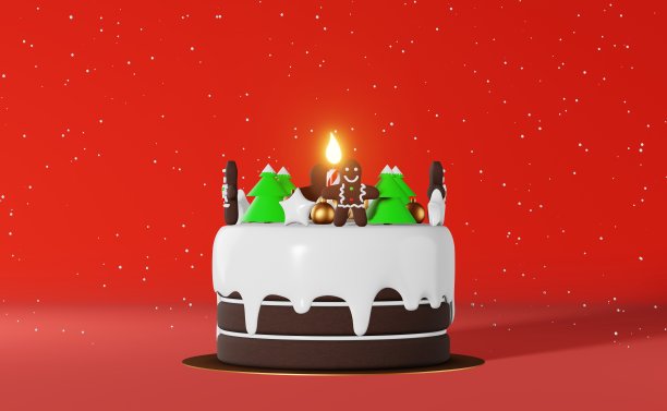 圣诞蛋糕姜饼人蜡烛雪3d渲染红色背景。圣诞新年晚会冬季广告横幅。图片下载
