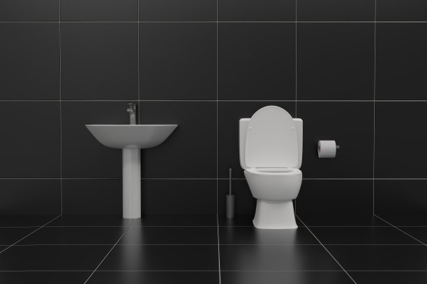 陶瓷打开的白色马桶和水槽与搅拌机在洗手间与黑色瓷砖墙壁和地板背景。为你的设计留出空间。没有人。3d效果图。图片下载