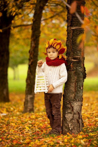 可爱的小孩子，金色的男孩戴着秋天的树叶在公园里的皇冠图片下载