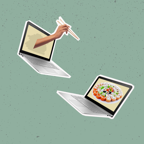 当代艺术拼贴手拿筷子和一套寿司出来的笔记本电脑。图片下载