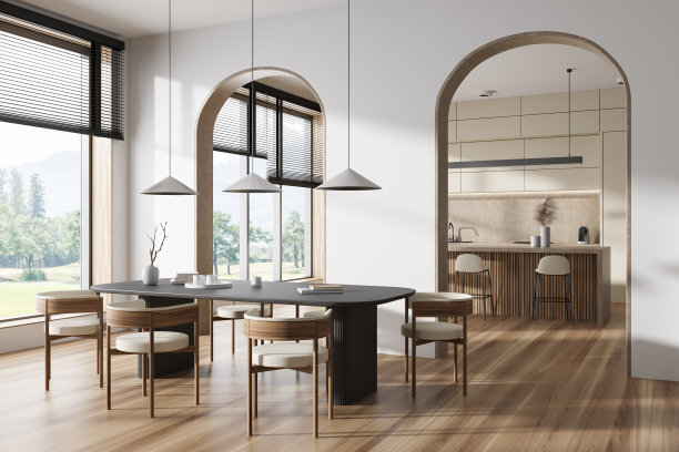 时尚的厨房内部配有餐厅和烹饪区，全景窗口图片下载