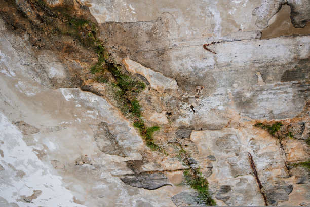 旧损毁混凝土结构的天花板上有湿斑。图片下载