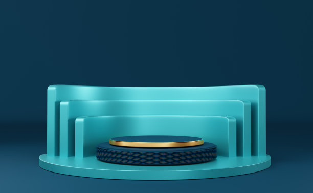 讲台空的几何形状在蓝色组成的现代舞台展示和极简主义的模型，抽象的橱窗背景，概念3d插图或3d渲染图片下载