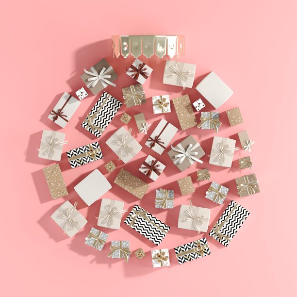 圣诞物品摆放在圣诞小玩意的形状由粉红色的礼品盒。3 d渲染。简约的圣诞想法。图片下载