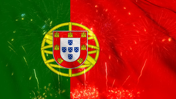 葡萄牙国旗飘扬的动画与烟花背景图片下载