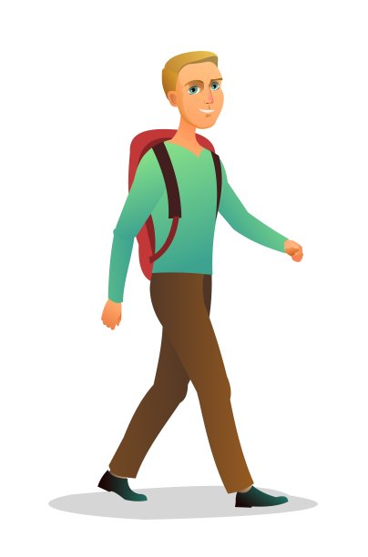 背着背包的游客。沿着这条路走。旅行者男孩笑了。去旅行。孤立的白色背景。向量。图片下载