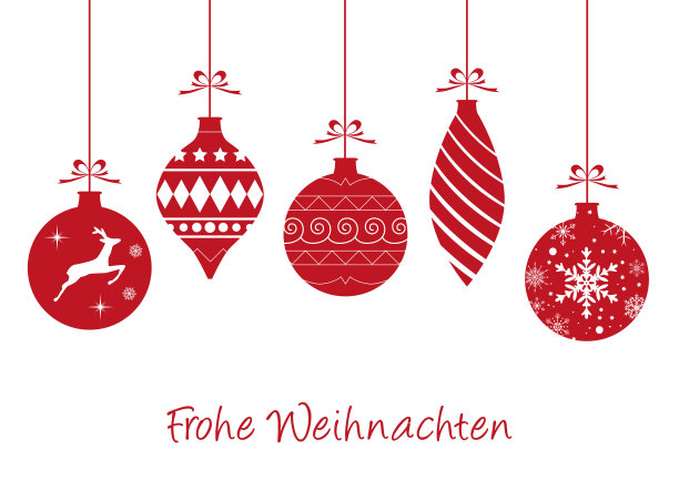 红色圣诞饰品，白色背景上有“Frohe Weihnachten -圣诞快乐”的文字图片下载
