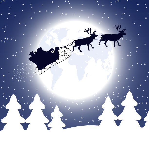 圣诞老人与天上的麋鹿插画，背景是一场降雪期间的地球图片下载