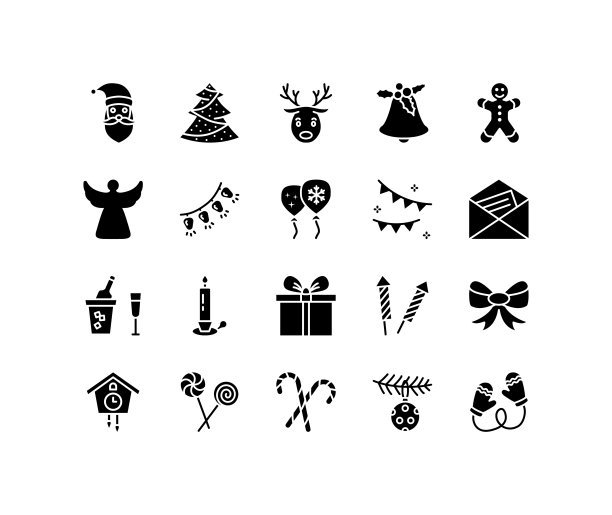 圣诞小玩意和装饰平线图标集。庆祝概念-雪花，蜡烛，雪人，香槟，礼物。简单的平面矢量插图的网站或移动应用程序图片下载