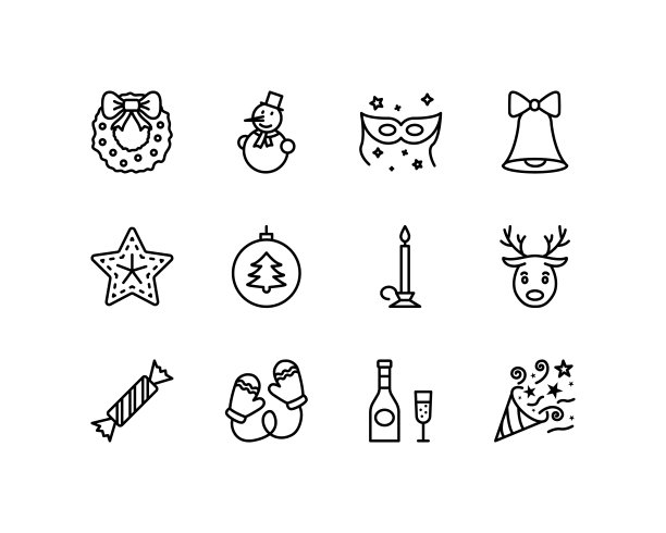 圣诞小玩意和装饰平线图标集。庆祝概念-雪花，蜡烛，雪人，香槟，礼物。简单的平面矢量插图的网站或移动应用程序图片下载