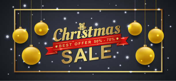 圣诞销售横幅模板排版，金色闪光球，名声，雪和丝带装饰传单，海报，网页，横幅，和卡片矢量插图图片下载