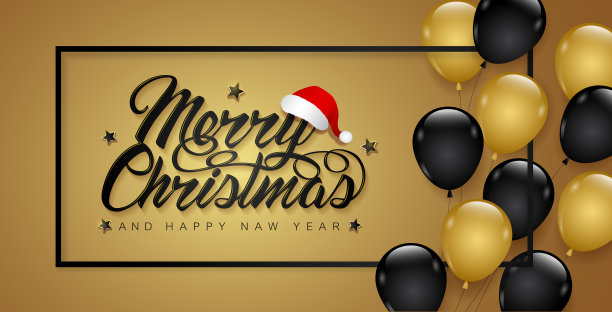圣诞快乐和新年快乐横幅模板排版，圣诞老人帽子，星星，名气和气球装饰传单，海报，网页，横幅，和卡片矢量插图图片下载