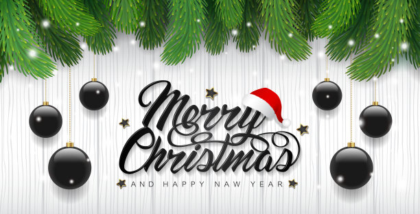 圣诞快乐和新年快乐横幅排版，圣诞树，圣诞老人帽子，闪光球，星星和丝带装饰传单，海报，网页，横幅，和卡片矢量插图图片下载