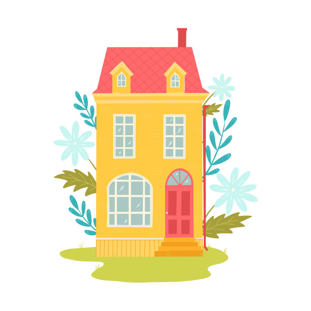 用树叶和花朵装饰的可爱的黄色小屋图片下载