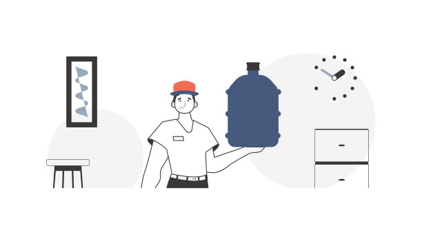 送货人。手里拿着一瓶水。水输送概念。线性的现代风格。图片下载