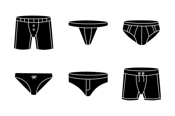 时尚内衣系列。黑色的内裤。男女内裤。游泳内衣设计。经典的四角裤，泳裤，比基尼，吊带裤，丁字裤。黑色的泳衣图片下载
