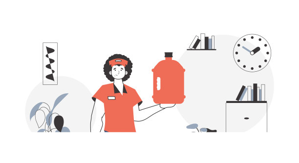 搬运工手里拿着一瓶水。水输送概念。线性的潮流风格。图片下载