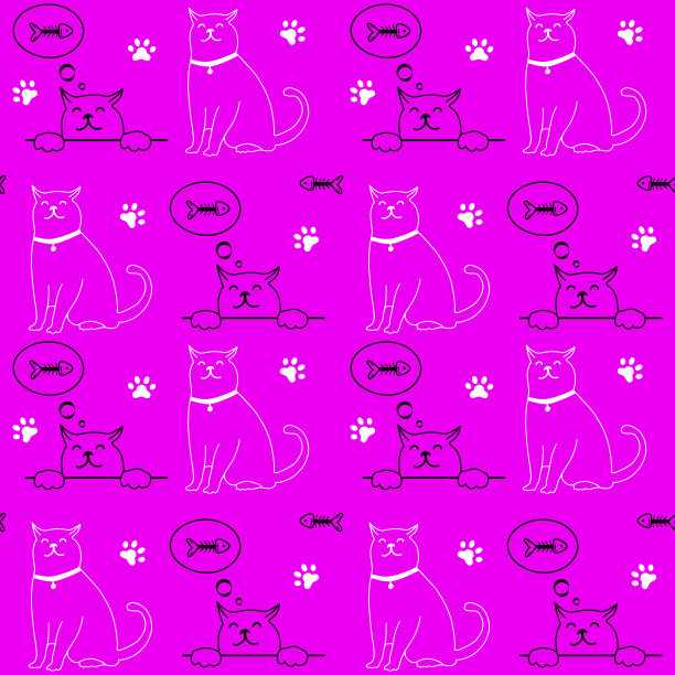 紫色背景上的可爱猫咪角色无缝图案，梦想鱼的涂鸦矢量壁纸图片下载