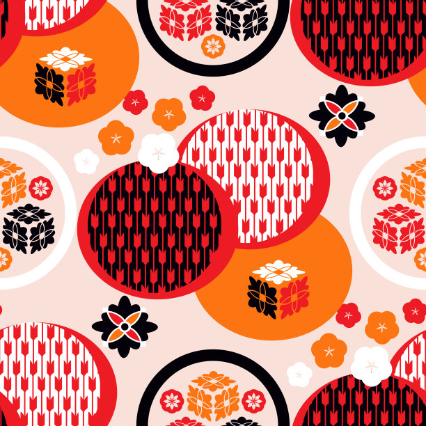 美丽的日本乡村无缝图案与樱花，云，波。Ector亚洲质感。图片下载