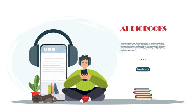 在线有声书店，通过智能手机和耳机在线听有声书店，书店移动应用程序，平面矢量插图图片下载