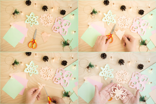 一步一步的照片说明如何纸雪花剪纸，在一个木制背景。简单的冬季儿童工艺品想法。图片下载