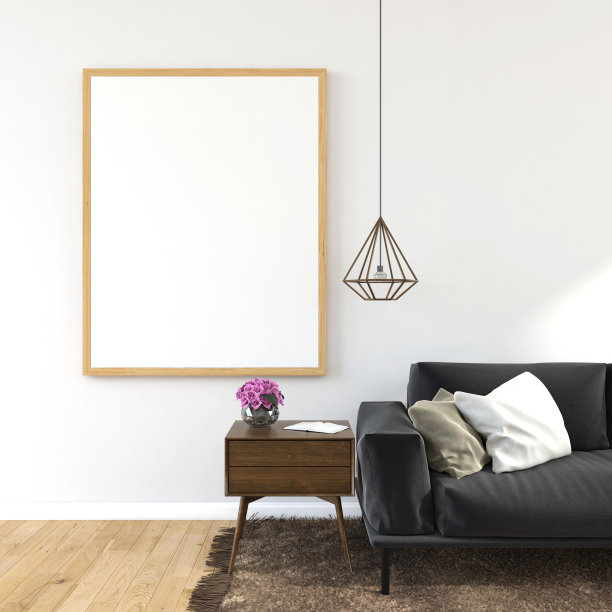 在客厅沙发后面现代室内的地板海报框架的模拟与一些树木隔离在光背景，3D渲染，3D插图图片下载