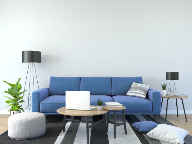 一个现代的室内木地板客厅，沙发和一些树木隔离在光背景，3D渲染，3D插图图片下载