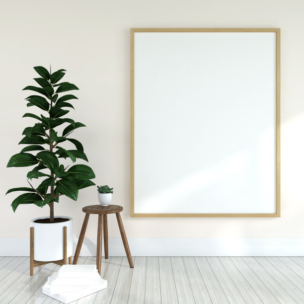客厅现代室内木地板海报框架的模拟与一些树木隔离在光背景，3D渲染，3D插图图片下载
