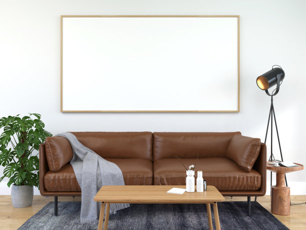 在客厅沙发后面现代室内的地板海报框架的模拟与一些树木隔离在光背景，3D渲染，3D插图图片下载