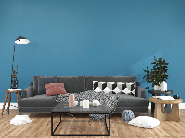 一个现代的室内木地板客厅，沙发和一些树木隔离在黑暗的背景，3D渲染，3D插图图片下载