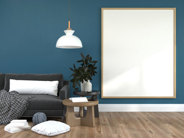 在客厅沙发后面的木地板现代室内海报框架的模拟与一些树木隔离在黑暗的背景，3D渲染，3D插图图片下载