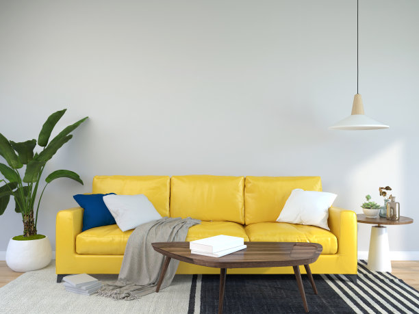 一个现代的室内木地板客厅，沙发和一些树木隔离在光背景，3D渲染，3D插图图片下载