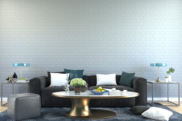 一个现代的室内木地板客厅，沙发和一些树木隔离在光背景，3D渲染，3D插图图片下载