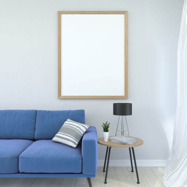 在客厅沙发后面现代室内的地板海报框架的模拟与一些树木隔离在光背景，3D渲染，3D插图图片下载