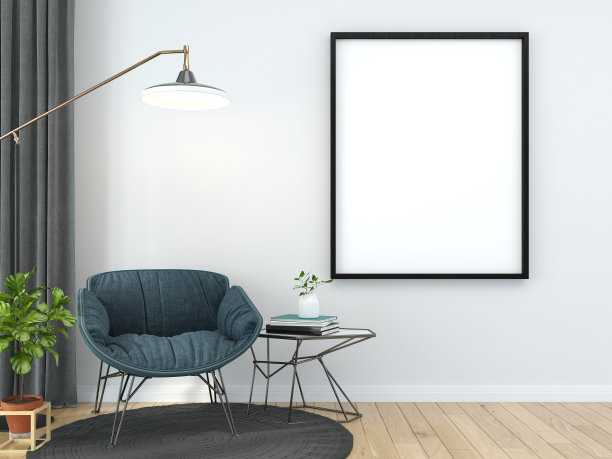 模拟海报框架在木地板现代室内椅子旁边在客厅与一些树木孤立的光背景，3D渲染，3D插图图片下载