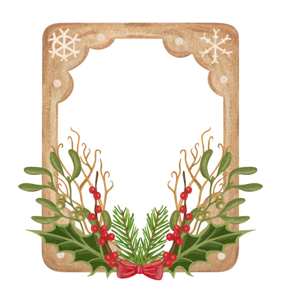 用圣诞植物做成的框架。圣诞节的浆果。槲寄生。冷杉树的树枝冬青。弓。水彩和水粉元素。印花用于包装设计，织物。图片下载