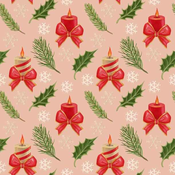 无缝模式与圣诞植物。蜡烛。弓。雪花。冷杉树的树枝冬青。水彩和水粉插图。印刷用于墙纸设计，织物，纺织品，包装。图片下载