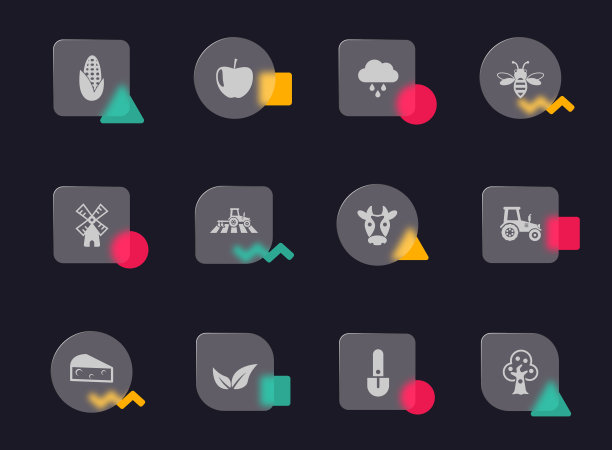 农业玻璃形态时尚风格的图标。农业透明玻璃矢量图标与彩色几何图形。用于网页和UI设计，移动应用程序和促销商业广告图片下载