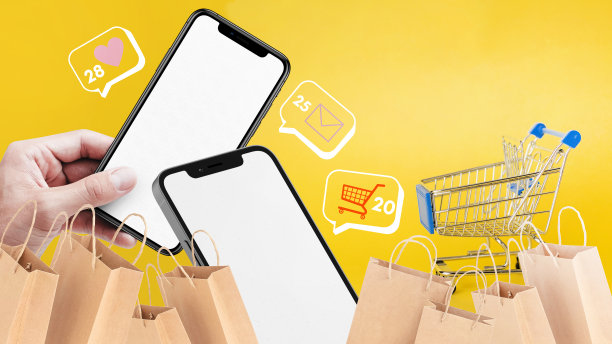 社交媒体在线购物应用手机和在线数字营销概念的黄色背景图标喜欢，消息，评论，购物，朋友，快递，横幅3d渲染图片下载