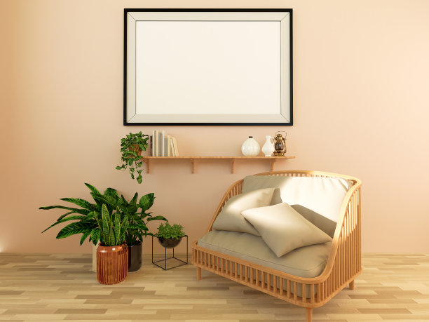 客厅现代室内木地板海报框架的模拟与一些树木隔离在光背景，3D渲染，3D插图图片下载