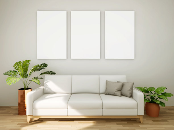 客厅现代室内木地板海报框架的模拟与一些树木隔离在光背景，3D渲染，3D插图图片下载