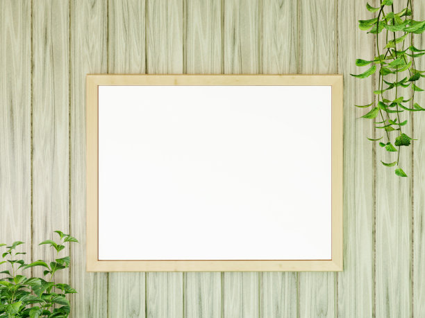 客厅现代室内木地板海报框架的模拟与一些树木隔离在光背景，3D渲染，3D插图图片下载